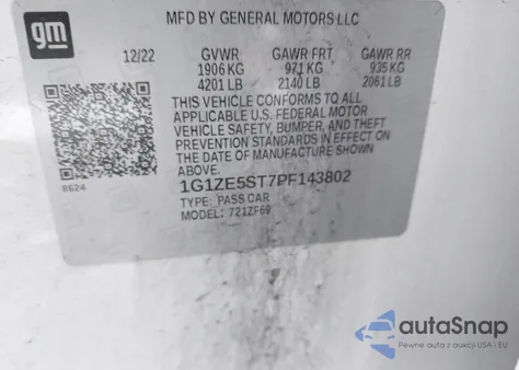 2023 Chevrolet Malibu Fwd 2Lt из США, поврежденный, VIN 1G1ZE5ST7PF143802